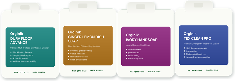 The four Orginik five-litre packs side by side: Dura Floor Advance, Ginger Lemon Dish Soap, Ivory Handsoap and Tex Clean Pro